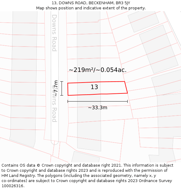 13, DOWNS ROAD, BECKENHAM, BR3 5JY: Plot and title map