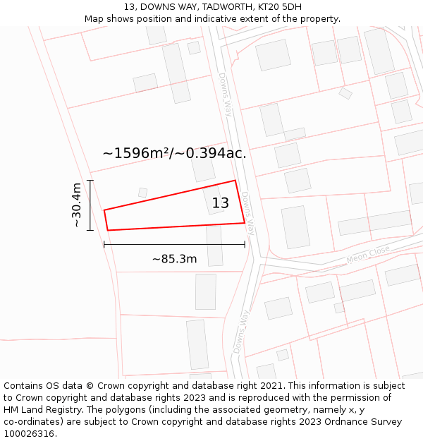 13, DOWNS WAY, TADWORTH, KT20 5DH: Plot and title map