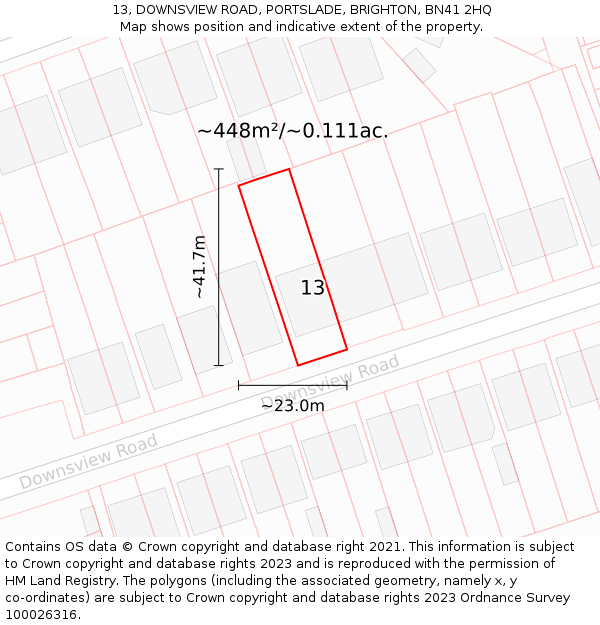 13, DOWNSVIEW ROAD, PORTSLADE, BRIGHTON, BN41 2HQ: Plot and title map