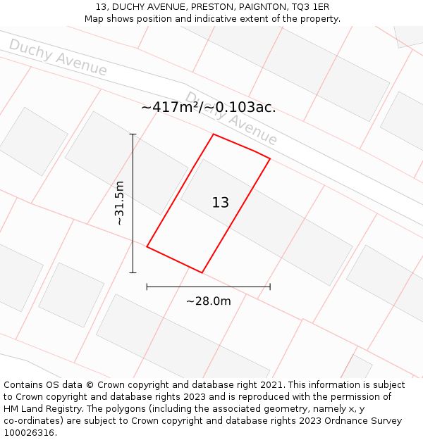 13, DUCHY AVENUE, PRESTON, PAIGNTON, TQ3 1ER: Plot and title map
