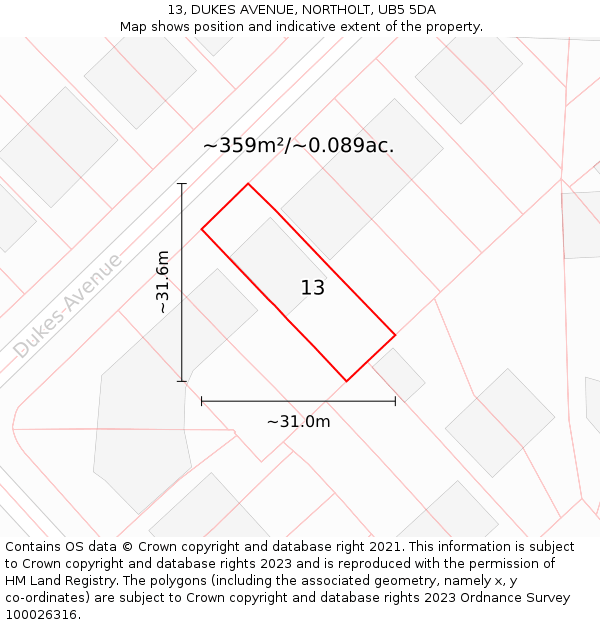 13, DUKES AVENUE, NORTHOLT, UB5 5DA: Plot and title map