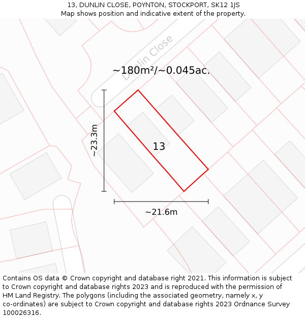 13, DUNLIN CLOSE, POYNTON, STOCKPORT, SK12 1JS: Plot and title map