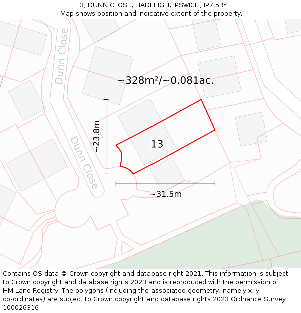 13, DUNN CLOSE, HADLEIGH, IPSWICH, IP7 5RY: Plot and title map