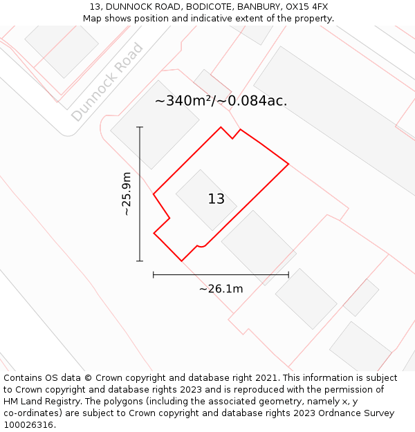 13, DUNNOCK ROAD, BODICOTE, BANBURY, OX15 4FX: Plot and title map