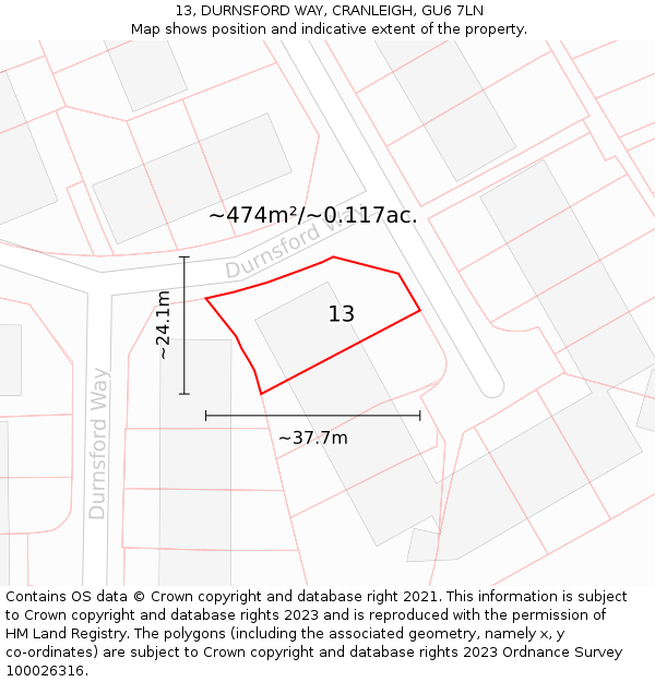 13, DURNSFORD WAY, CRANLEIGH, GU6 7LN: Plot and title map