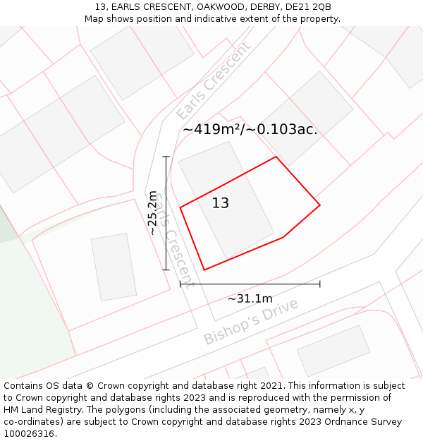 13, EARLS CRESCENT, OAKWOOD, DERBY, DE21 2QB: Plot and title map