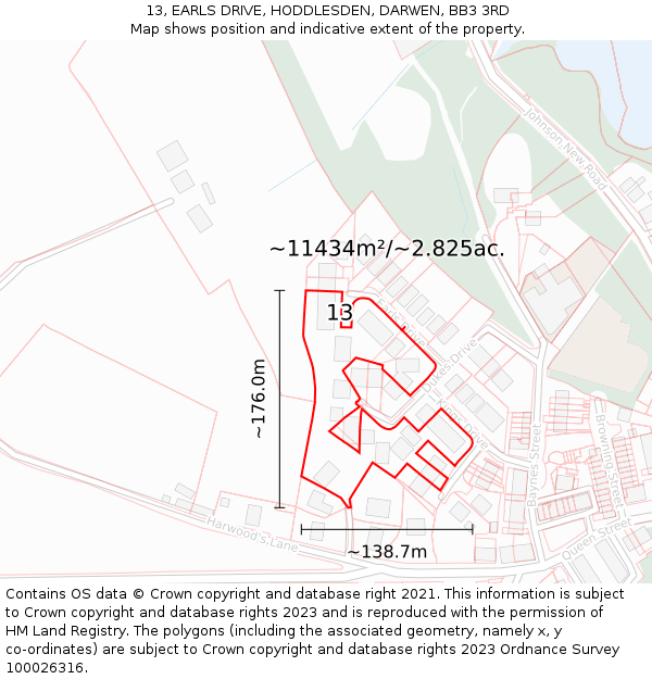 13, EARLS DRIVE, HODDLESDEN, DARWEN, BB3 3RD: Plot and title map