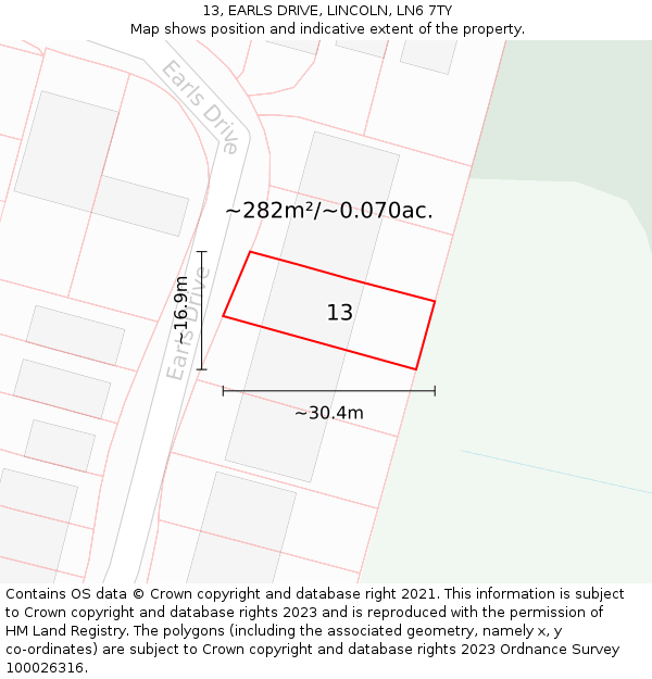 13, EARLS DRIVE, LINCOLN, LN6 7TY: Plot and title map