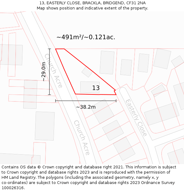 13, EASTERLY CLOSE, BRACKLA, BRIDGEND, CF31 2NA: Plot and title map