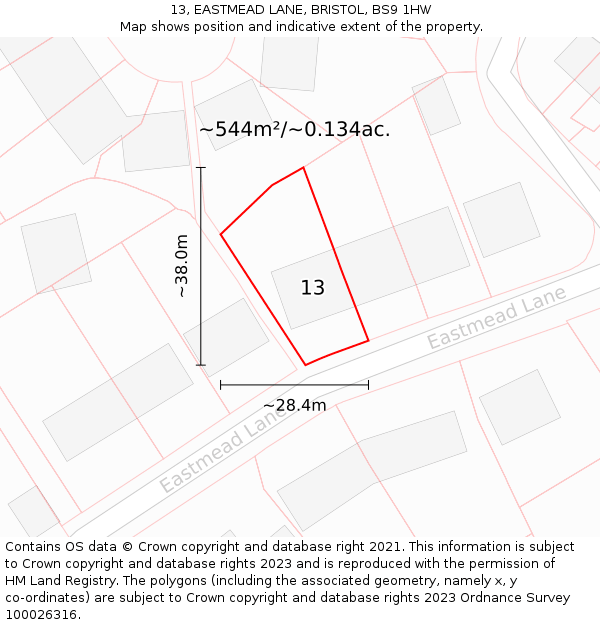 13, EASTMEAD LANE, BRISTOL, BS9 1HW: Plot and title map