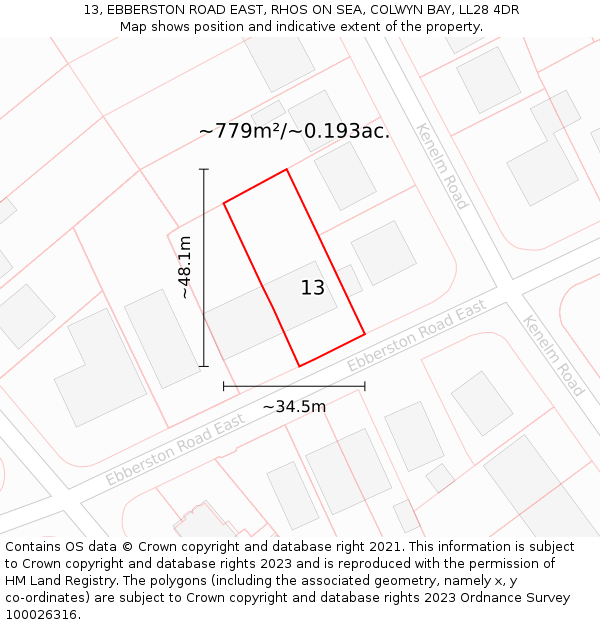 13, EBBERSTON ROAD EAST, RHOS ON SEA, COLWYN BAY, LL28 4DR: Plot and title map