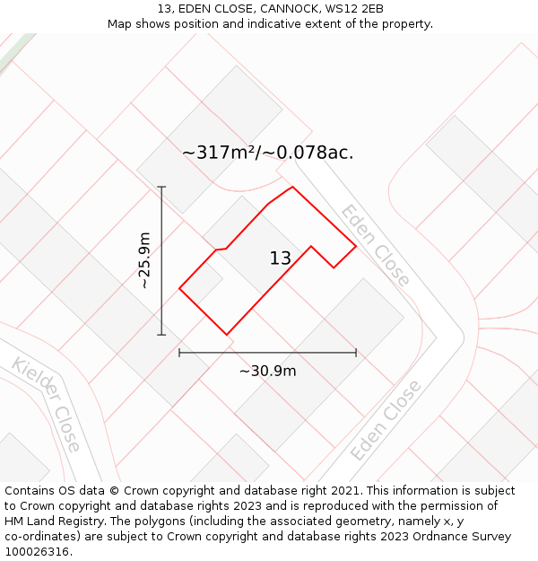 13, EDEN CLOSE, CANNOCK, WS12 2EB: Plot and title map