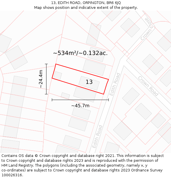 13, EDITH ROAD, ORPINGTON, BR6 6JQ: Plot and title map