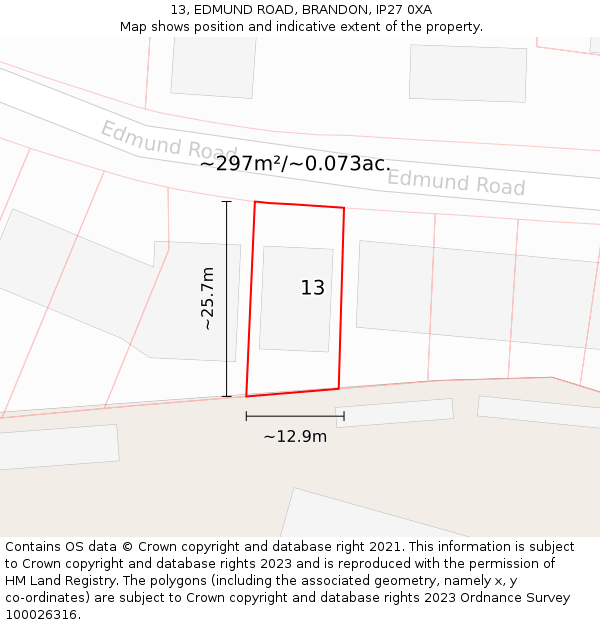 13, EDMUND ROAD, BRANDON, IP27 0XA: Plot and title map