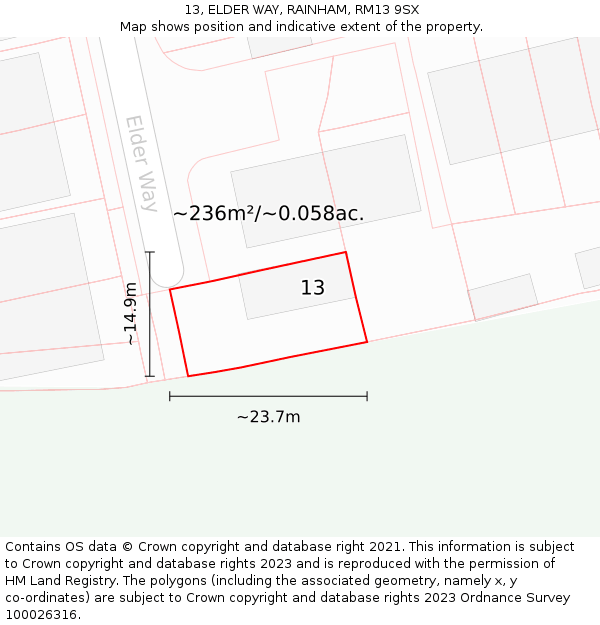 13, ELDER WAY, RAINHAM, RM13 9SX: Plot and title map