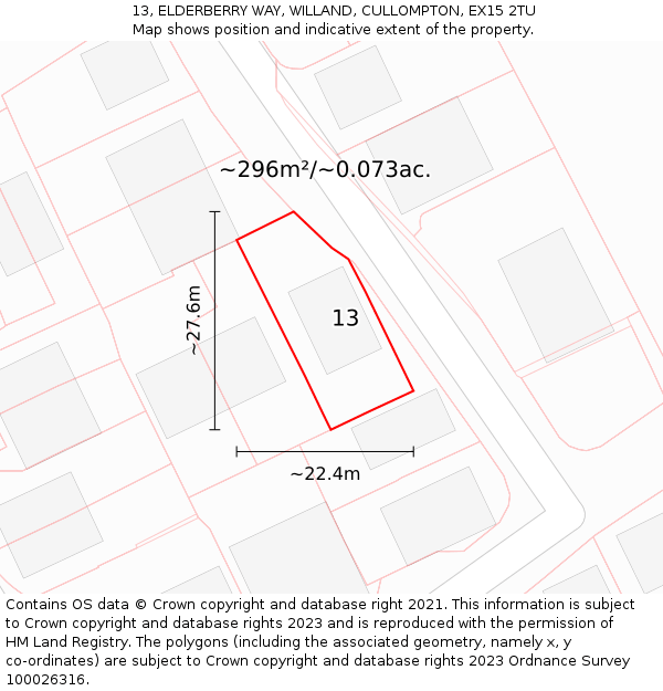 13, ELDERBERRY WAY, WILLAND, CULLOMPTON, EX15 2TU: Plot and title map