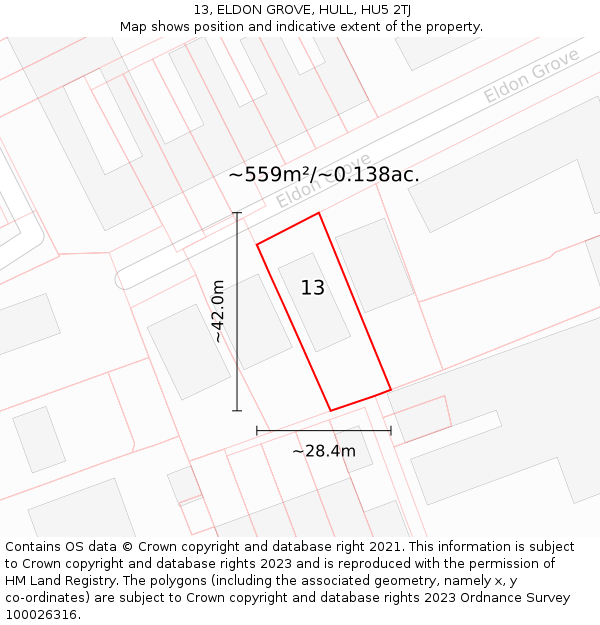 13, ELDON GROVE, HULL, HU5 2TJ: Plot and title map