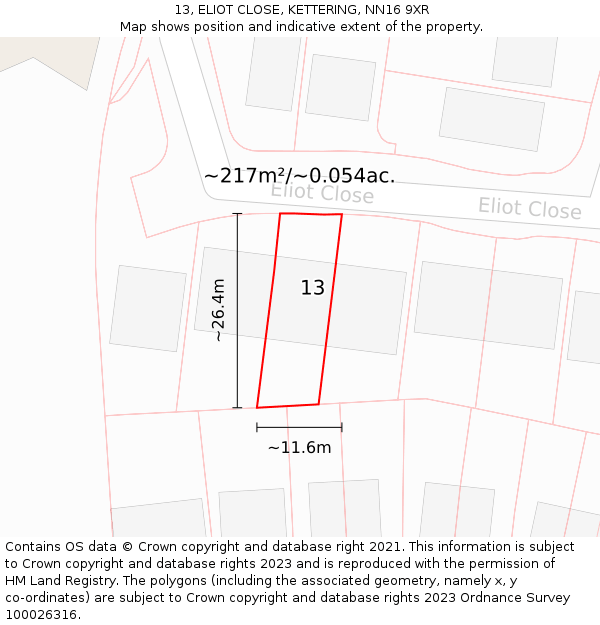 13, ELIOT CLOSE, KETTERING, NN16 9XR: Plot and title map
