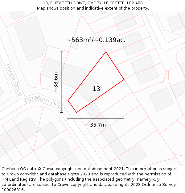 13, ELIZABETH DRIVE, OADBY, LEICESTER, LE2 4RD: Plot and title map