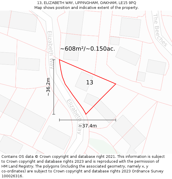 13, ELIZABETH WAY, UPPINGHAM, OAKHAM, LE15 9PQ: Plot and title map