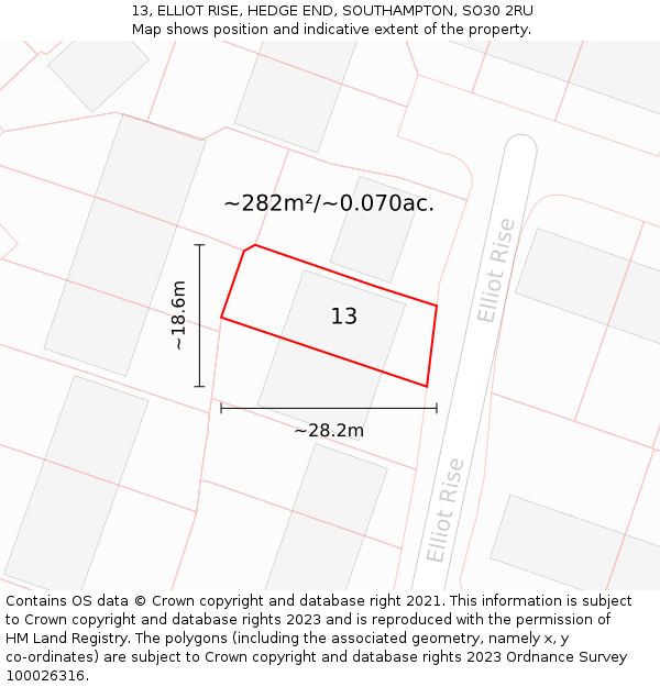 13, ELLIOT RISE, HEDGE END, SOUTHAMPTON, SO30 2RU: Plot and title map