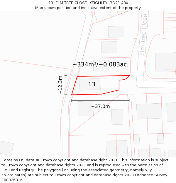 13, ELM TREE CLOSE, KEIGHLEY, BD21 4RX: Plot and title map