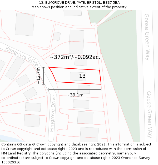 13, ELMGROVE DRIVE, YATE, BRISTOL, BS37 5BA: Plot and title map