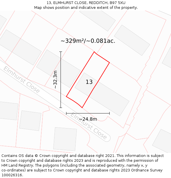 13, ELMHURST CLOSE, REDDITCH, B97 5XU: Plot and title map