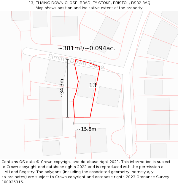 13, ELMING DOWN CLOSE, BRADLEY STOKE, BRISTOL, BS32 8AQ: Plot and title map