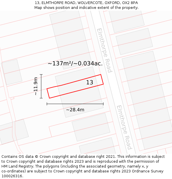 13, ELMTHORPE ROAD, WOLVERCOTE, OXFORD, OX2 8PA: Plot and title map