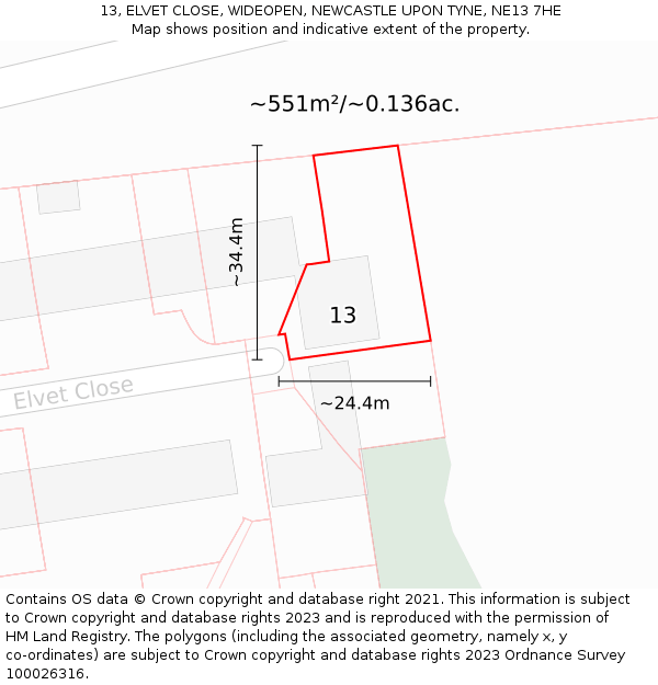 13, ELVET CLOSE, WIDEOPEN, NEWCASTLE UPON TYNE, NE13 7HE: Plot and title map