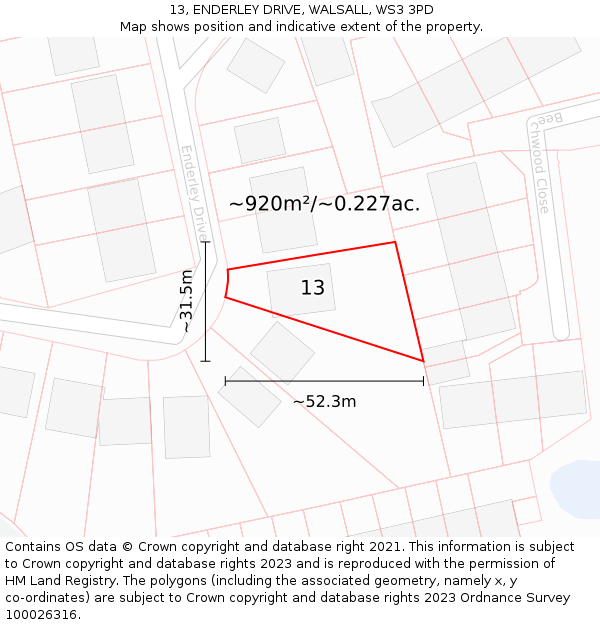 13, ENDERLEY DRIVE, WALSALL, WS3 3PD: Plot and title map