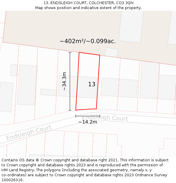 13, ENDSLEIGH COURT, COLCHESTER, CO3 3QN: Plot and title map
