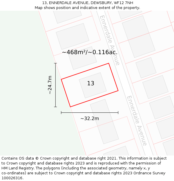13, ENNERDALE AVENUE, DEWSBURY, WF12 7NH: Plot and title map