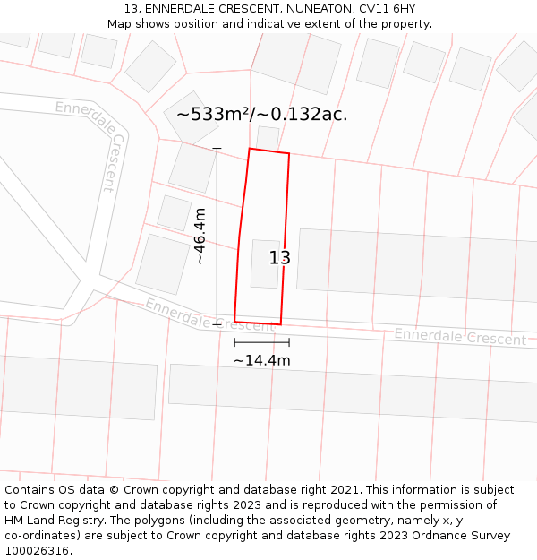 13, ENNERDALE CRESCENT, NUNEATON, CV11 6HY: Plot and title map