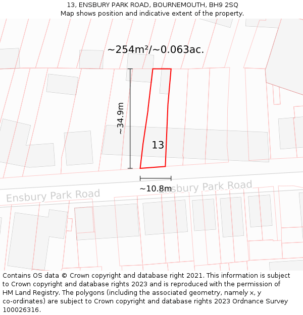 13, ENSBURY PARK ROAD, BOURNEMOUTH, BH9 2SQ: Plot and title map