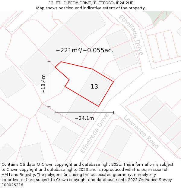 13, ETHELREDA DRIVE, THETFORD, IP24 2UB: Plot and title map