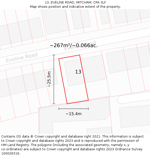 13, EVELINE ROAD, MITCHAM, CR4 3LF: Plot and title map