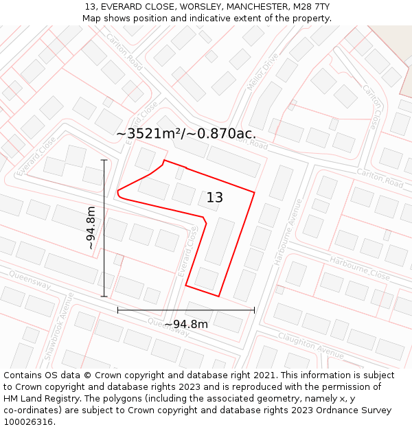 13, EVERARD CLOSE, WORSLEY, MANCHESTER, M28 7TY: Plot and title map