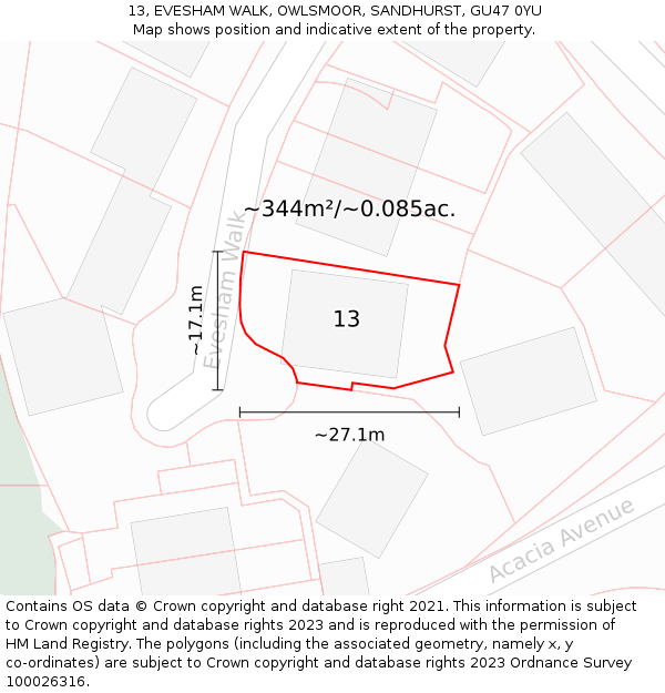 13, EVESHAM WALK, OWLSMOOR, SANDHURST, GU47 0YU: Plot and title map