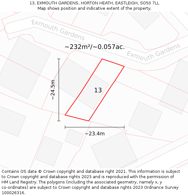 13, EXMOUTH GARDENS, HORTON HEATH, EASTLEIGH, SO50 7LL: Plot and title map
