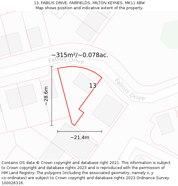 13, FABIUS DRIVE, FAIRFIELDS, MILTON KEYNES, MK11 4BW: Plot and title map