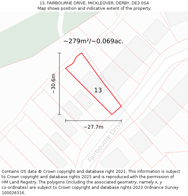 13, FAIRBOURNE DRIVE, MICKLEOVER, DERBY, DE3 0SA: Plot and title map
