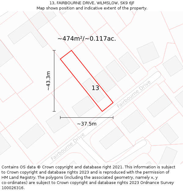 13, FAIRBOURNE DRIVE, WILMSLOW, SK9 6JF: Plot and title map