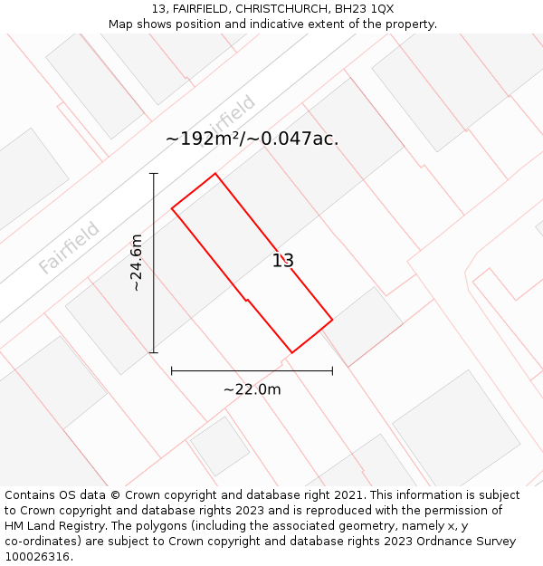 13, FAIRFIELD, CHRISTCHURCH, BH23 1QX: Plot and title map