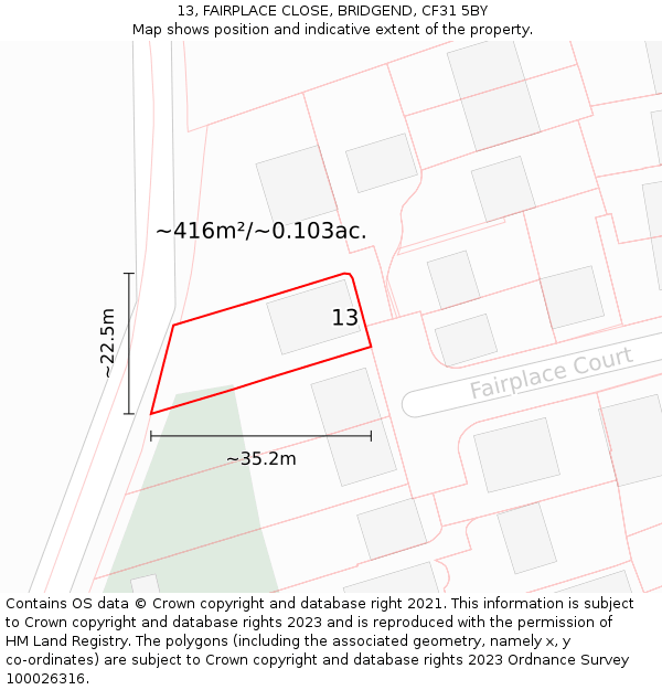 13, FAIRPLACE CLOSE, BRIDGEND, CF31 5BY: Plot and title map