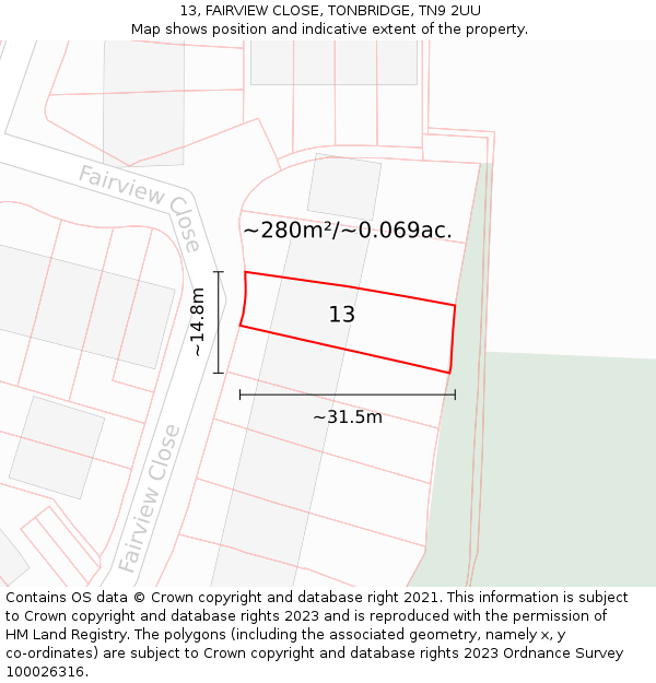 13, FAIRVIEW CLOSE, TONBRIDGE, TN9 2UU: Plot and title map