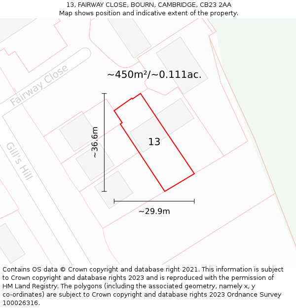 13, FAIRWAY CLOSE, BOURN, CAMBRIDGE, CB23 2AA: Plot and title map