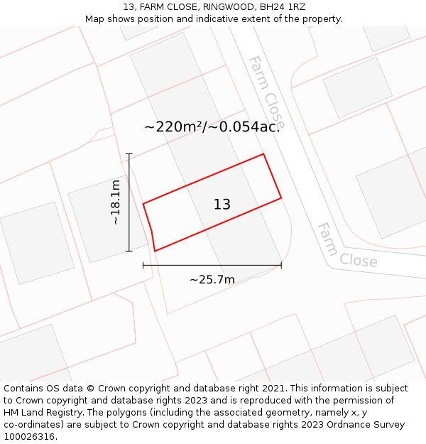 13, FARM CLOSE, RINGWOOD, BH24 1RZ: Plot and title map