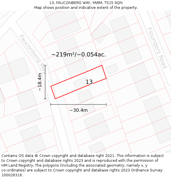 13, FAUCONBERG WAY, YARM, TS15 9QN: Plot and title map